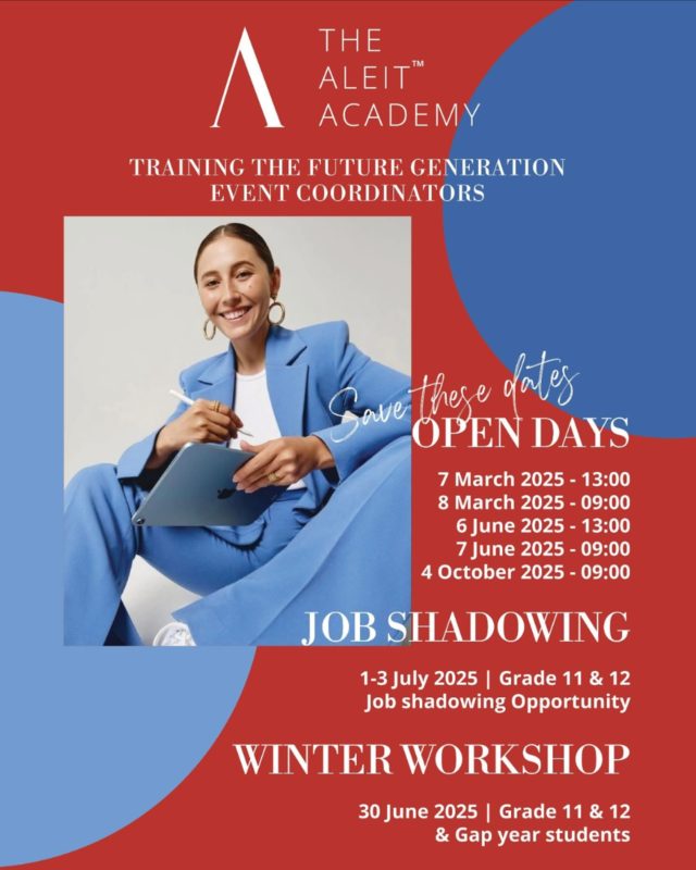 Join Us for an Exciting Open Day at Aleit Academy! 🎉

📌06 & 07 JUNE 2025📌

Get ready for a day filled with fun and inspiration! 🤩

✨ Campus Tour – Explore our beautiful campus!
✨ Meet the Lecturers – Get to know our amazing faculty!
✨ Course Info Session – Discover our exciting course offerings!
✨ Workshops – Dive into hands-on experiences!

Don’t miss out on this opportunity to kickstart your career in the events & hospitality industry! 🚀

Book your spot now!

A great career starts with where you decide to study. Join us and see how The Aleit Academy can help you become the next big deal! 🌟

🔗 Bookings: https://aleitacademy.co.za/open-day-booking-form/

📞 +27 83 462 4521 | 📧 annabelle@aleitacademy.co.za
🌐 www.aleitacademy.co.za

#AleitAcademy #EventCoordination #CareerDriven #PracticalExperience #LoveWhatYouDo